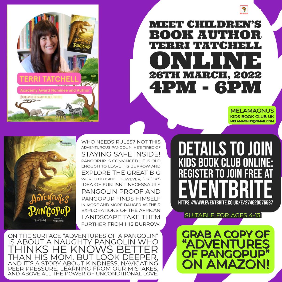 Meet the Children's Book Author of "THE ADVENTURES OF A PANGOPUP" on Saturday 26th March 4pm-6pm online. This is an ongoing series of children’s picture books about lesser-known endangered animals, with an emphasis on laughter, adventure and themes everyone can relate to...