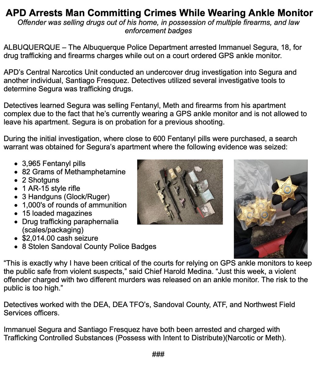 ABQPOLICE's tweet photo. APD arrested Immanuel Segura, 18, for drug trafficking and firearms charges while out on a court ordered GPS ankle monitor. https://t.co/3nzCl3z9xJ