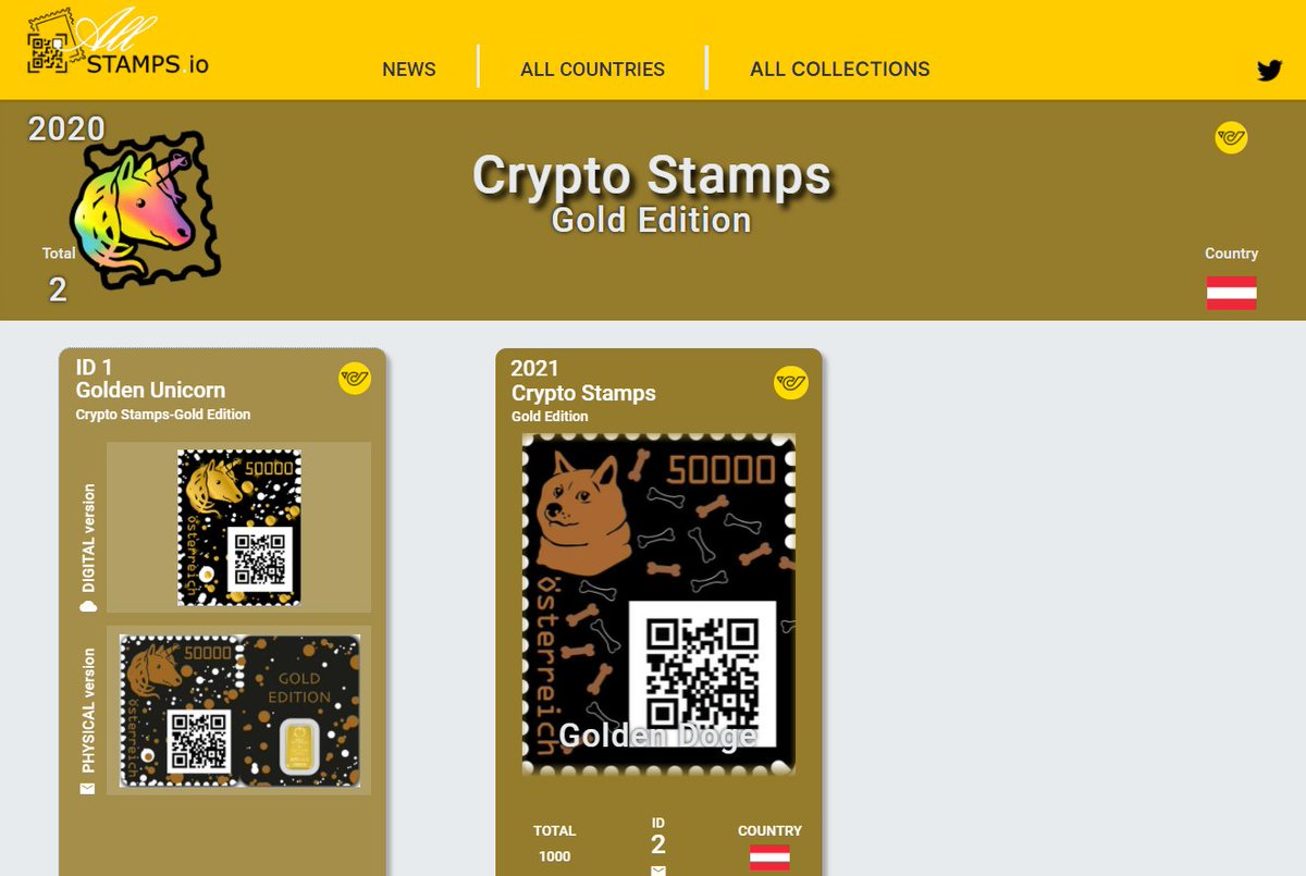 Allstampsio's tweet photo. 🇦🇹  Doge Golden Edition added 🇦🇹  
Thanks to @MichaelPlotegh2  
What's next? Let us know what would like to shine.

@"International Philatelic Promoters" would love to have your view on crypto stamps. 
https://t.co/fhN2vqYP9X

Follow us for the next updates

#stamps  #philately https://t.co/Ek4unmP1I1