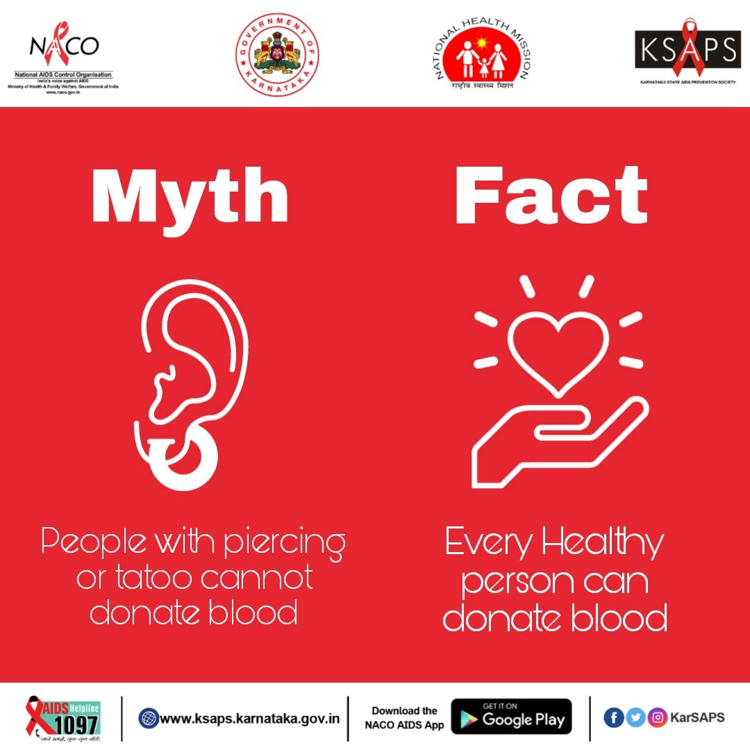 KarSAPS's tweet photo. This is a long-standing myth, but it is still a myth. Every healthy person can donate blood. However, it is advised to wait for 3 months after getting tattooed or pierced.
#HopeHelpHeal #BloodForIndia #BloodDonation #DonateBlood https://t.co/IHgiXPD7on
