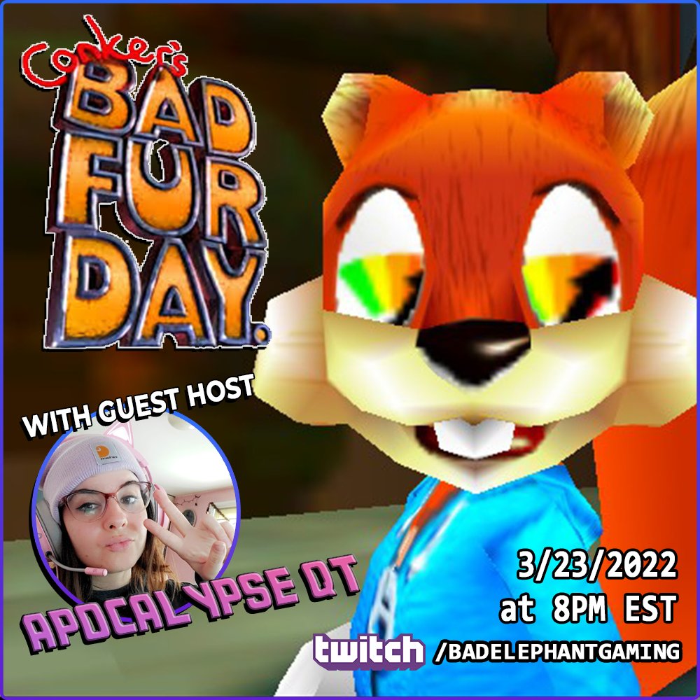 CastToThePast's tweet image. Tonight we're hosting a guest streamer for their FIRST EVER LIVE SHOW! ApocalypseQT plays one of her all time favorite games: CONKER'S BAD FUR DAY! Come hang in the chat starting at 8pm EST at twitch.tv/badelephantgam…!

#twitchstreamer
#LetsPlay