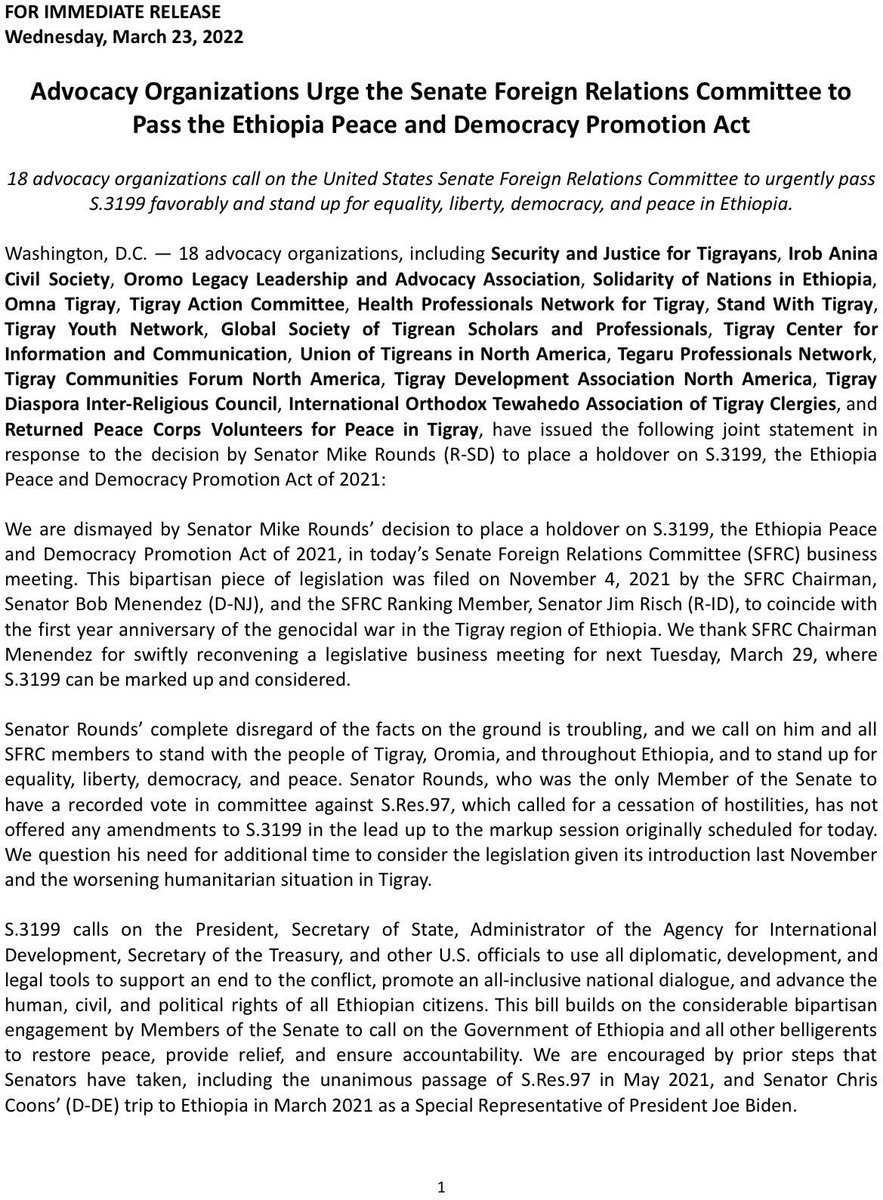 Tigrayact's tweet photo. We are dismayed by @SenatorRounds’ decision to place a holdover on S.3199. 

This bipartisan bill is intended to end the conflict in #Ethiopia. 

We call on him &amp; all @SenateForeign members to stand with the people of #Tigray, #Oromia, &amp; throughout Ethiopia. 

#TigrayGenocide https://t.co/EHEnk5Gnvu