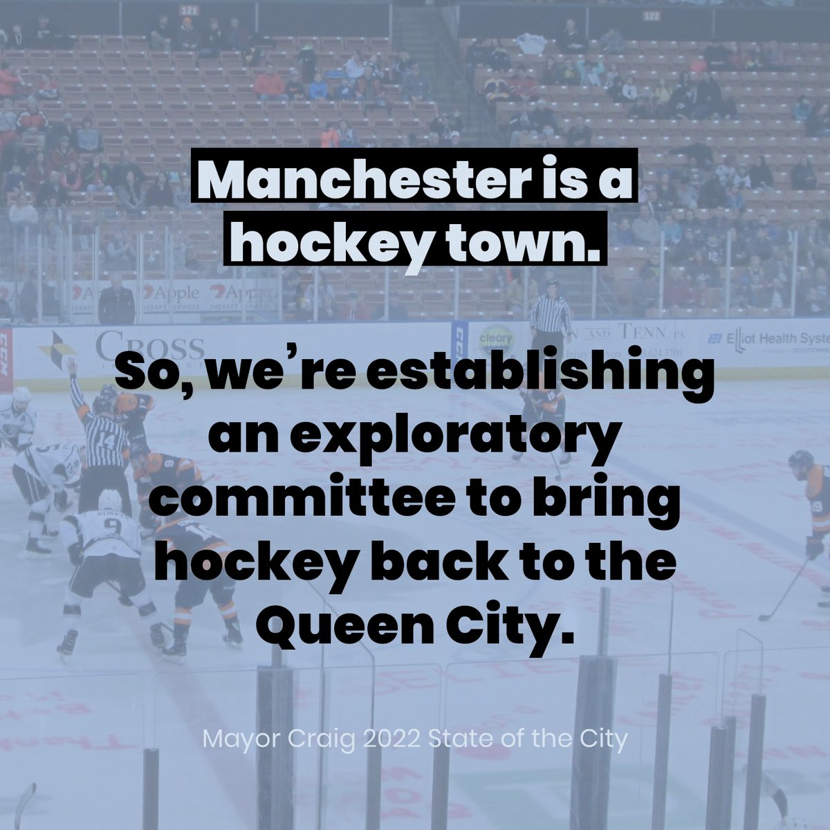 MayorJoyceCraig's tweet photo. One thing that’s been missing is hockey – Manchester is a hockey town. 

So, I’m pleased to announce that I’m establishing an exploratory committee to work to bring hockey back to the Queen City. 🏒 https://t.co/zgIRnjkB4k