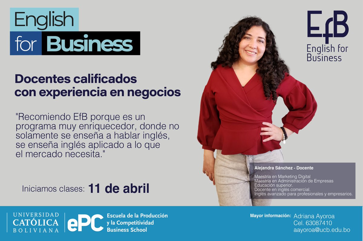 ePC_UCB's tweet photo. Junto a #EnglishForBusiness domina el idioma que te abrirá las puertas al mundo.
Nuestros cursos son impartidos por docentes altamente calificados y con amplia experiencia en formación de inglés para negocios
Mas información:
📲 https://t.co/hpg8bltXki
📲63087410
#ePCBilingue https://t.co/py0pchh9VA