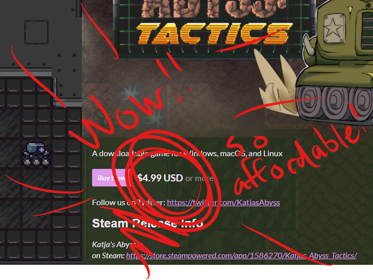 Katja's Abyss: Tactics is now permanently repriced at 4.99 USD on Steam and Itch! 

bit.ly/katjasteam
bit.ly/katjaitchio