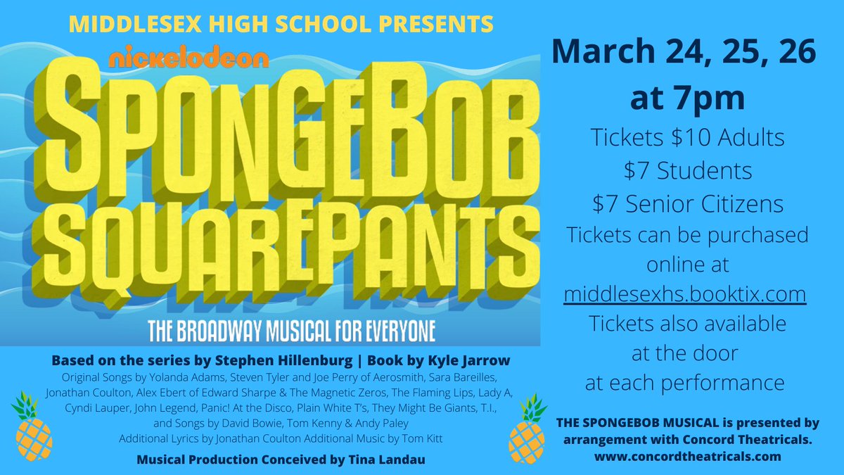 Come see the Middlesex High School spring musical "Spongebob Squarepants"! Performances run this Thursday through Saturday, March 24-26, at 7pm. Tickets can be purchased online at middlesexhs.booktix.com or at the door - $10 for adults and $7 for students/senior citizens.
