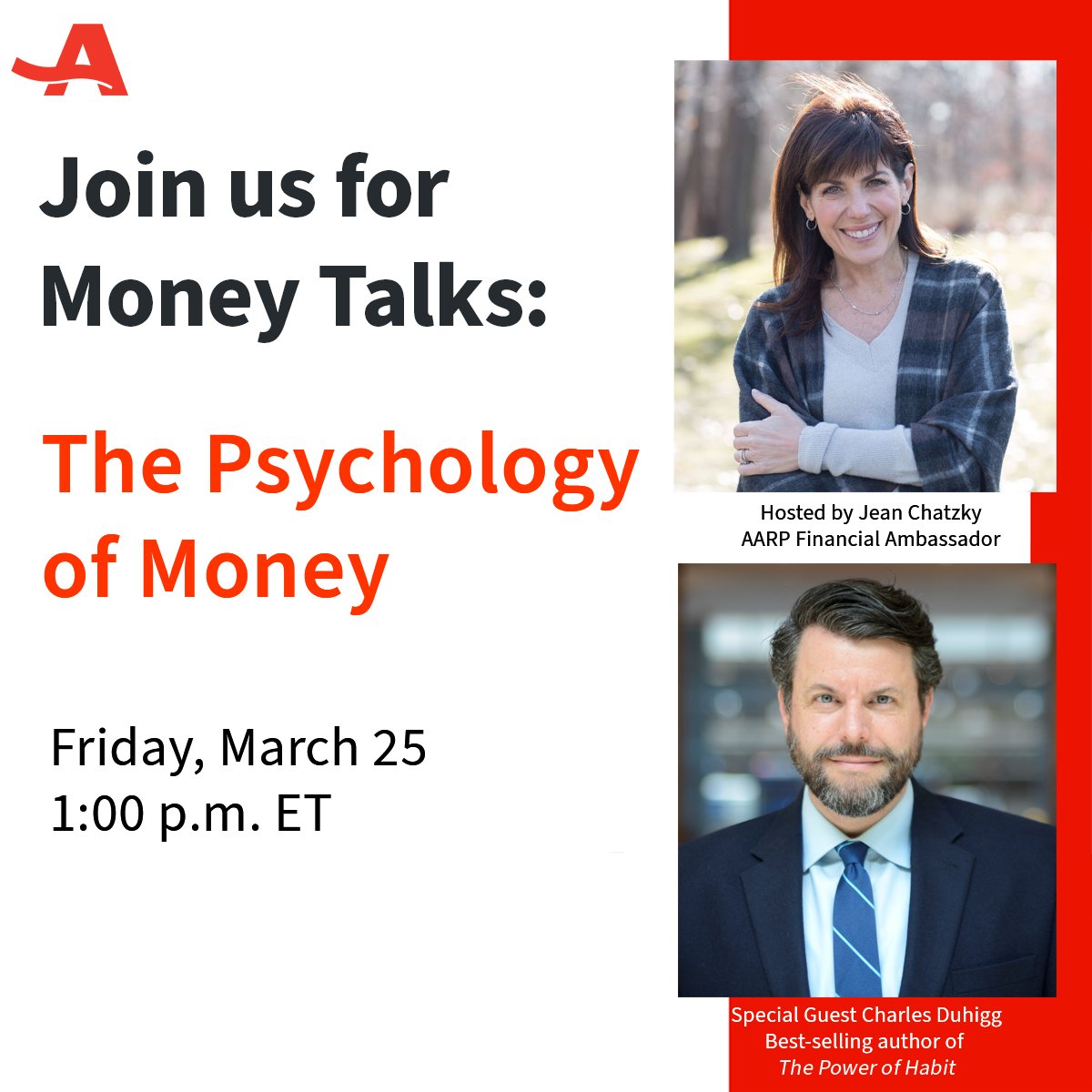 JeanChatzky's tweet photo. Join us for The Psychology of Money, part of @AARP Celebrates You, a three-day virtual experience filled with fun, free online events. Reserve your spot here (https://t.co/977c2uVUjG) and mark your calendar for Friday, March 25th at 1:00 p.m. ET to participate in the session. https://t.co/NcYO0WFke4