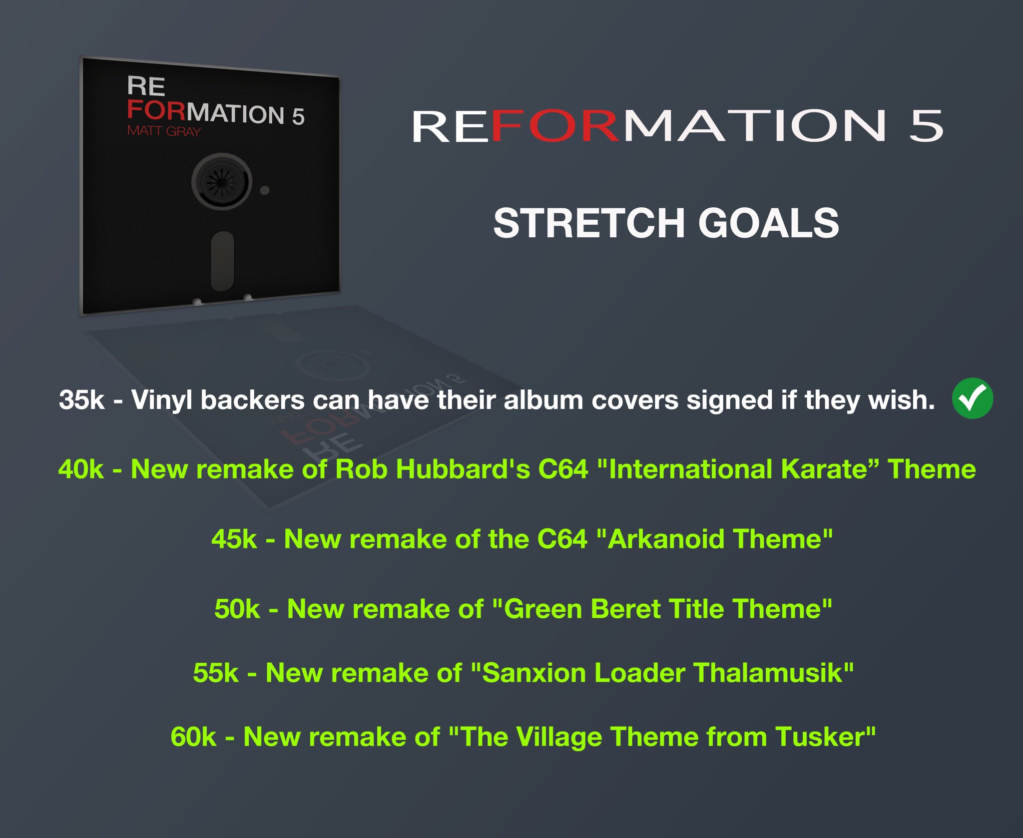 Matt Gray on X: "Reformation 5 backers just unlocked the first stretch  goal. Signed vinyl for those that want it. Next goal is to unlock up to 5  more tracks for all
