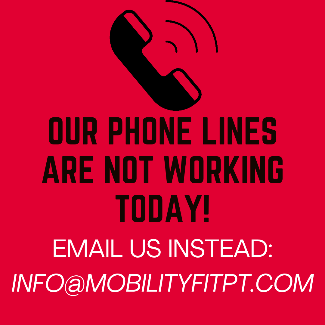 mobilityfitpt's tweet image. OUR PHONE LINES ARE DOWN! 
We can't answer any phone calls. 

If you need something, email us instead: 
Info@MobilityFitPT.com