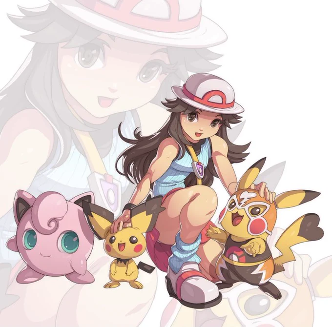 Pokemon Trainer/Leaf, Jigglypuff, Pichu, and Pikachu. This is my first time drawing most of these characters. Pokemon are surprisingly harder to draw than expected. You can grab the full illustration at https://t.co/LVtwKiFxas 🙂#pokemonttrainer #jigglypuff #smashbrosultimate 