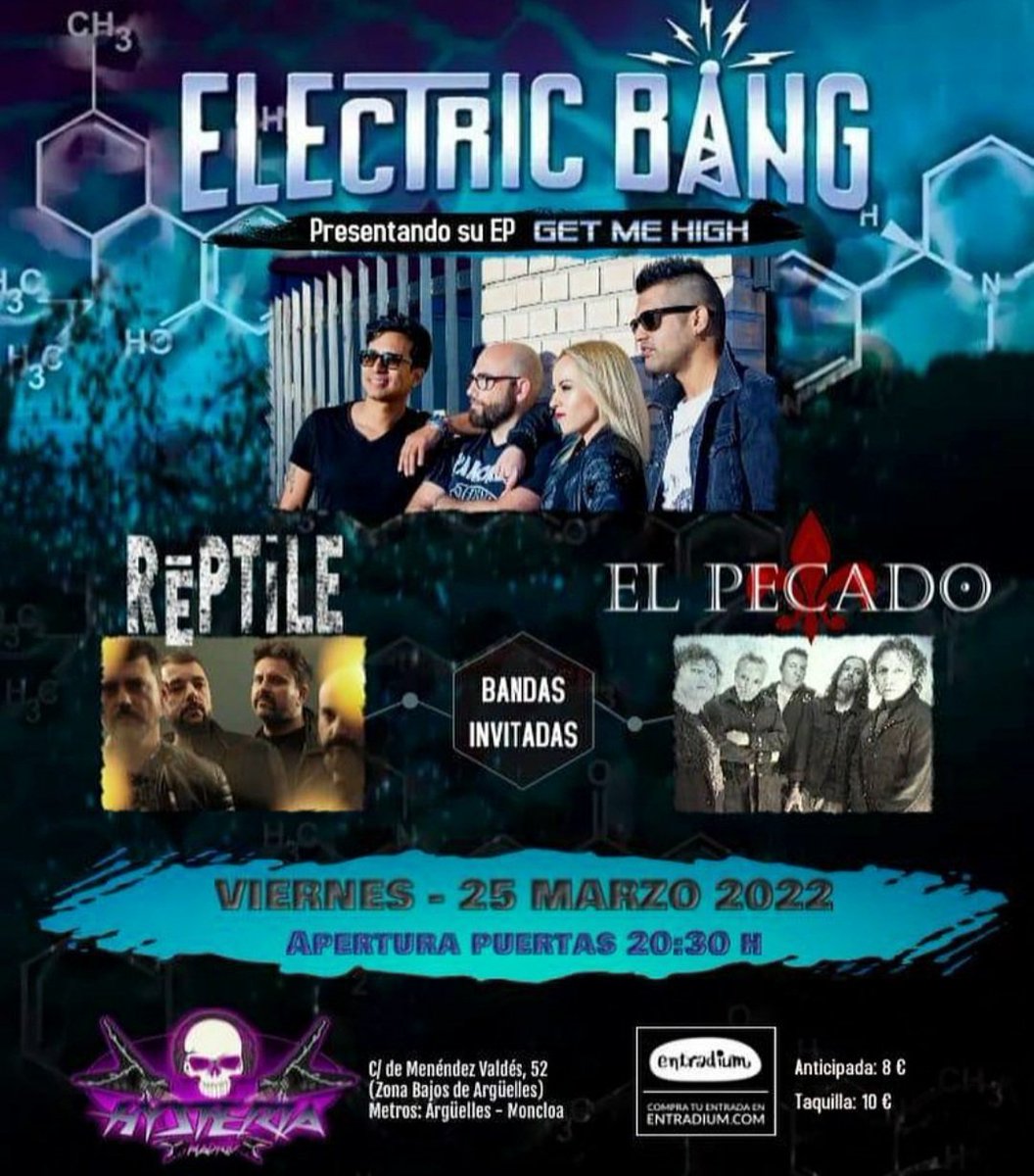 ⚡ Concierto ⚡
Este viernes, 25 de Marzo, la banda Electric Bang estará presentando su EP "Get Me High" en la sala Hysteria de Madrid acompañados de las bandas Rēptile y El Pecado, se viene una gran noche de rock, os lo váis a perder? 🤘🤘🤘