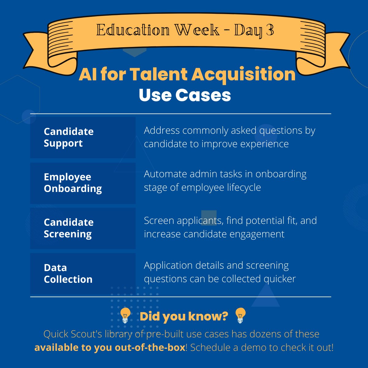 Calling all Talent Acquisition professionals!

This is Day 3 of Education Week &amp; we’re highlighting 4 ways HR leaders are leveraging virtual agents in their talent acquisition process. If you're leveraging chatbots to help recruit, how else are you using them?

#educationweek #AI