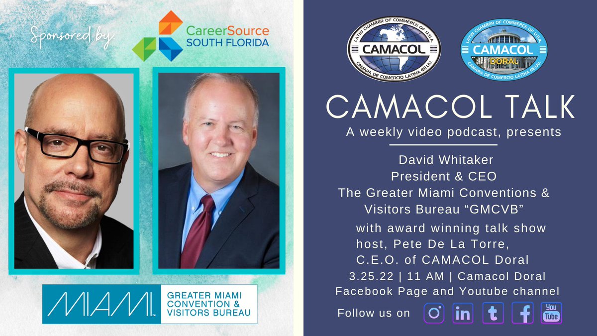 Join us this Friday, March 25th at 11:00 am EST for a new episode of CAMACOL Talk Podcast with our special guest David Whitaker, President &amp; CEO of The   Miami Convention &amp; Visitors Bureau "GMCVB" <a href="/GreaterMiamiCVB/">Greater Miami Convention & Visitors Bureau</a>
Get reminder here: lnkd.in/giiqKT4
#podcast #leadership