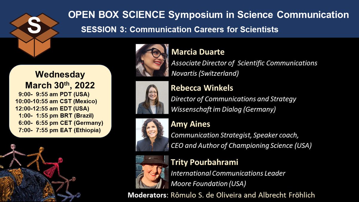 OpenBoxSci's tweet photo. 𝟐𝟎𝟐𝟐 𝐒𝐲𝐦𝐩𝐨𝐬𝐢����𝐦 𝐢𝐧 𝐒𝐜𝐢𝐞𝐧𝐜𝐞 𝐂𝐨𝐦𝐦𝐮𝐧𝐢𝐜𝐚𝐭𝐢𝐨𝐧
#3: #Communication #Careers for #Scientists
⏱Wed, Mar 30, 12-12:55 pm ET
📍 Marcia Duarte @Novartis 
📍 @Rewinkels @wissimdialog
📍 @damianakes
📍 @trity_p @MooreFound
👉 #Livestream @OpenBoxSci #YouTube https://t.co/m7flOwSeIH