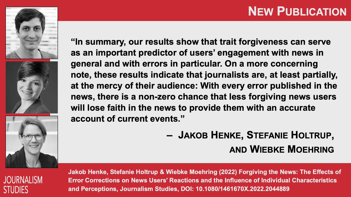 Building on forgiveness research, @HenkeJakob <a href="/HoltrupStefanie/">Stefanie Holtrup</a> &amp; @WiebkeMoehring investigate news users’ reactions to journalistic errors, and find trait forgiveness, different situational &amp; individual factors have positive &amp; negative effects on reactions.
tandfonline.com/doi/full/10.10…