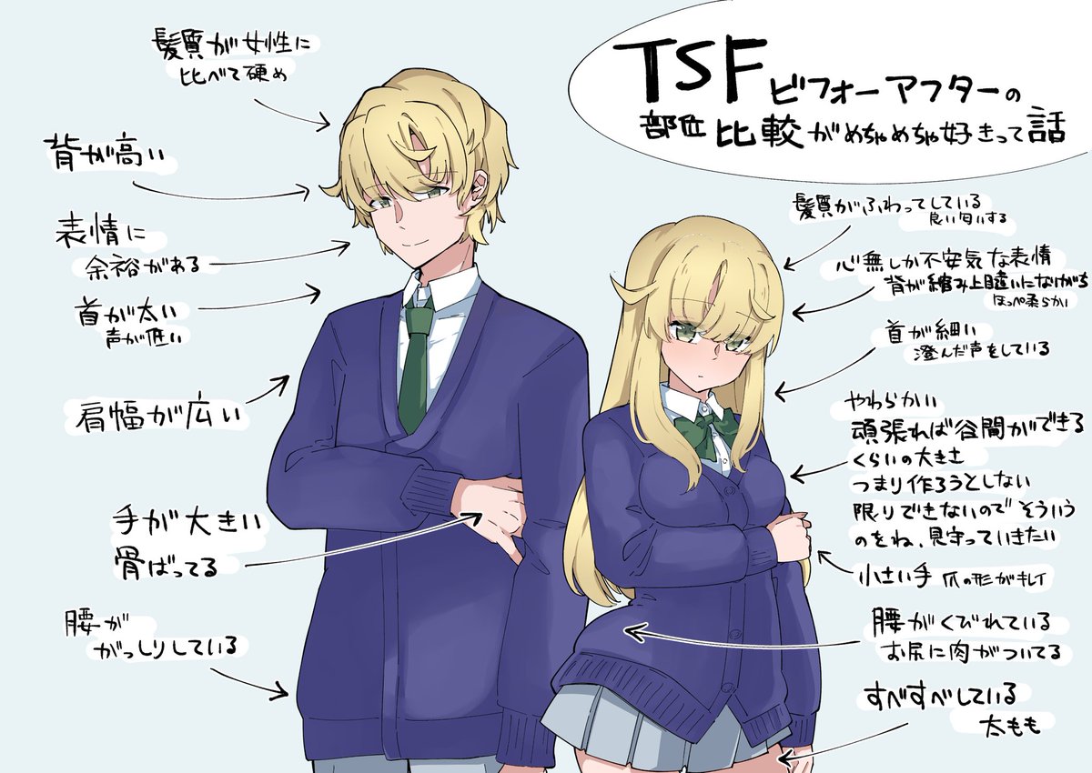 (オレと本人以外)世界改変系TSF
ノベルゲーム立ち絵のTSビフォーアフター比較
パーツ単位で変わったところ比べるの好きだから、他の人のTS娘ビフォーアフター比較も見たい