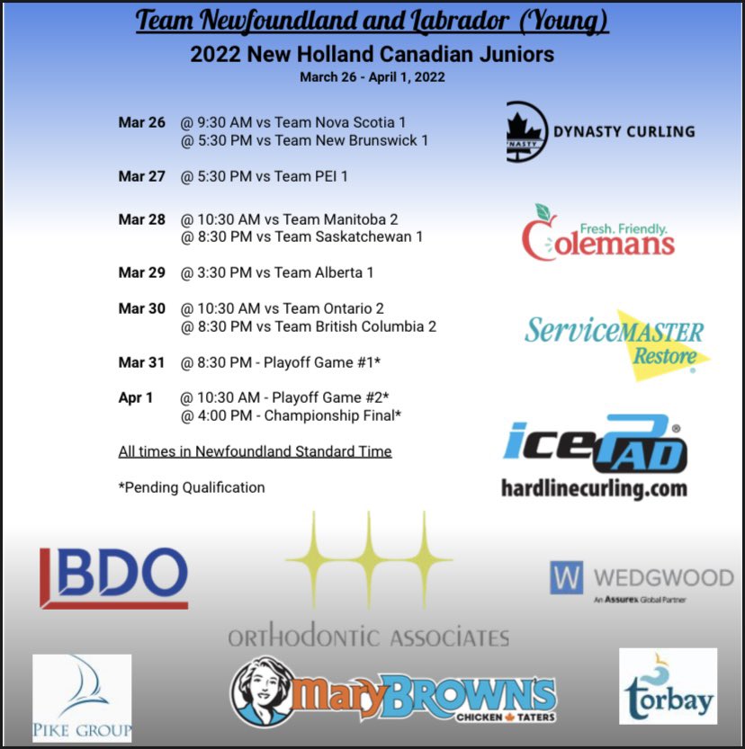 Team_NYoung's tweet image. We are heading to Stratford, ON tomorrow afternoon to compete at the New Holland Canadian Junior Championship! 

Below is our game schedule. 

The excitement is through the roof, folks! Be sure to cheer loud, we can hear you 🤙🏻🥌

@CurlingNL 
@CurlingCanada