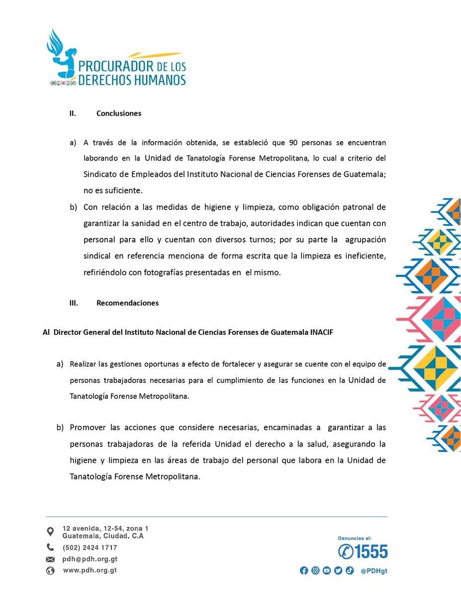 PDHgt's tweet photo. #HallazgosPDH #ConclusionesPDH y #RecomendacionesPDH de verificación de las condiciones laborales de las personas trabajadoras de la Unidad de Tanatología Forense Metropolitana del @INACIFGT

https://t.co/WokHBecA1a https://t.co/kVPBvQPJl9