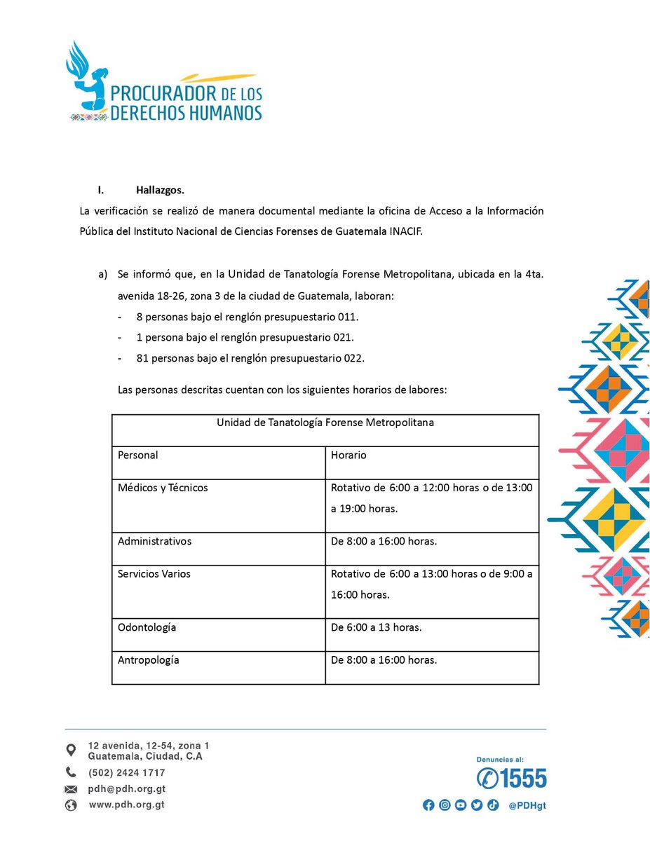 PDHgt's tweet photo. #HallazgosPDH #ConclusionesPDH y #RecomendacionesPDH de verificación de las condiciones laborales de las personas trabajadoras de la Unidad de Tanatología Forense Metropolitana del @INACIFGT

https://t.co/WokHBecA1a https://t.co/kVPBvQPJl9
