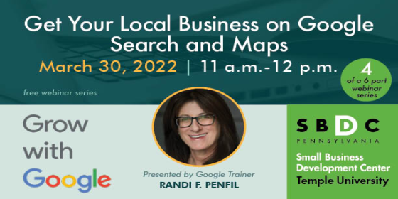 KutztownSBDC's tweet photo. Interested in learning how to get your business on Google Search and Maps? 🔎🗺
Join the @TU_SBDC for their “Get Your Local Business on Google Search and Maps” training!
🗓 3/30/22
⏱ 11:00-12:00pm
📍 Registration Link: https://t.co/yOmlNGrC3R
#TempleSBDC #BusinessGrowth https://t.co/3Yz7Im5RCw