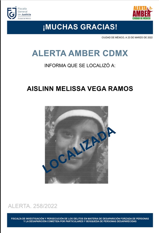 FiscaliaCDMX's tweet photo. Ha sido localizada la menor Aislinn Melissa Vega Ramos, agradecemos a la ciudadanía, medios de comunicación e instituciones, se desactiva #AlertaAmber https://t.co/KgvWhpJFg9