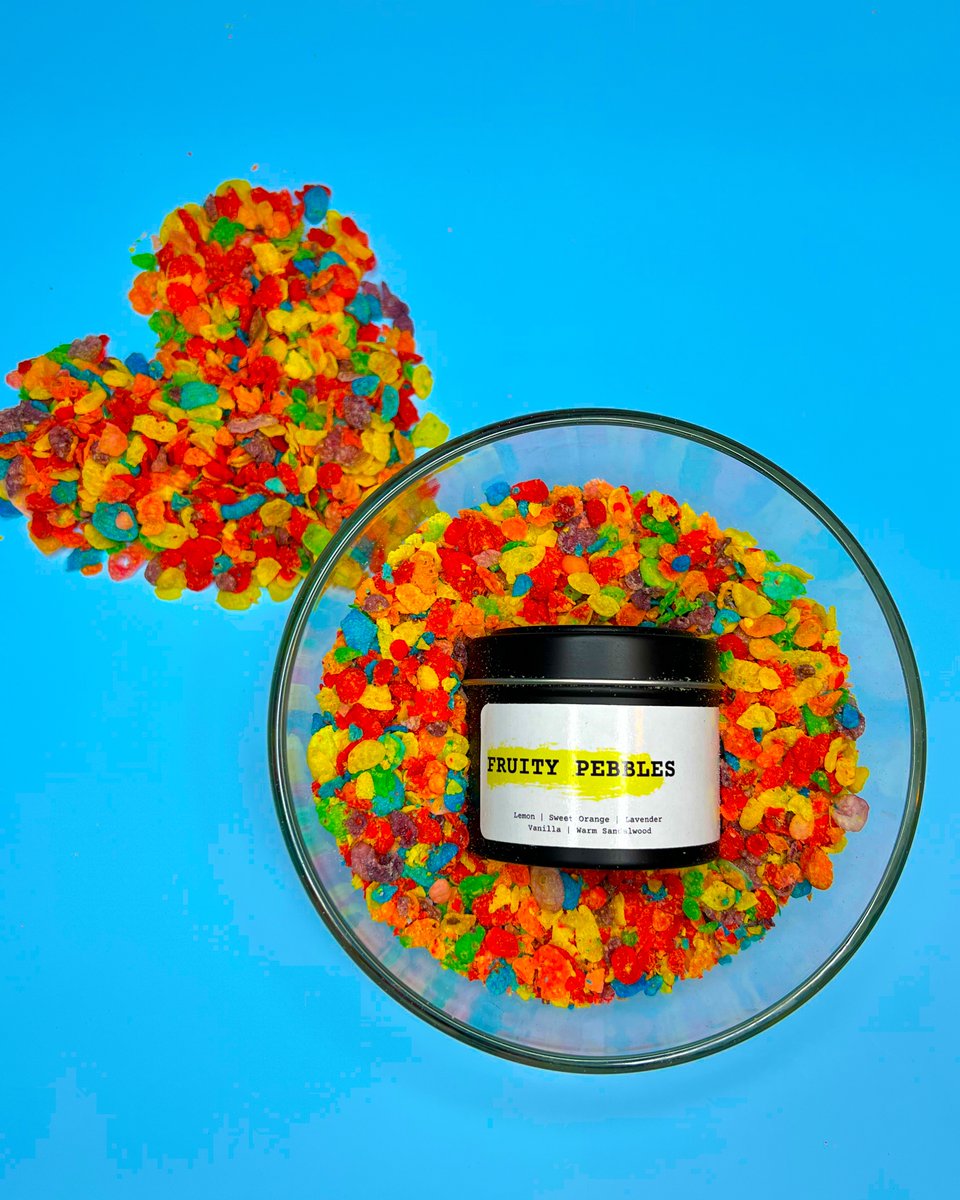 🥣Introducing our 4oz fruity pebbles tin candle. Smells just like a fresh bag of America's sweetened rice cereal. 

Available on our website blizzamour.com

#candles #smallbusiness #buycandles #fruitypebbles #candlesale #candlelove #buyblack #candle #smallbusinesssupport