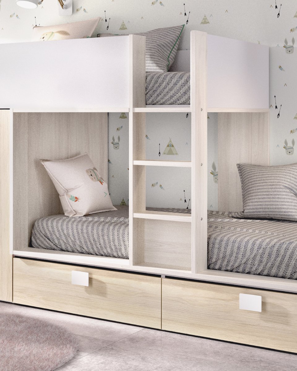 El modelo CARIMBA es un dormitorio juvenil compuesto por una litera tipo tren, para colchones de 90x190 cm. Además, con un armario con un estante, una barra, dos cajones con ruedas y se encuentra disponible en cuatro acabados.