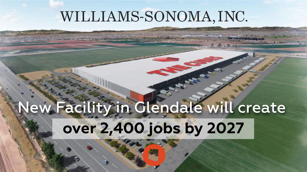 azcommerce's tweet image. A PREMIER LOGISTICS HUB: Williams-Sonoma, Inc. is leasing a 1.25-million-square-foot facility in @GlendaleAZ for a new fulfillment and distribution center. The facility will be operational by fall 2022 and create over 2,400 jobs by 2027. @growglendale
➡️ azcommerce.com/news-events/ne…