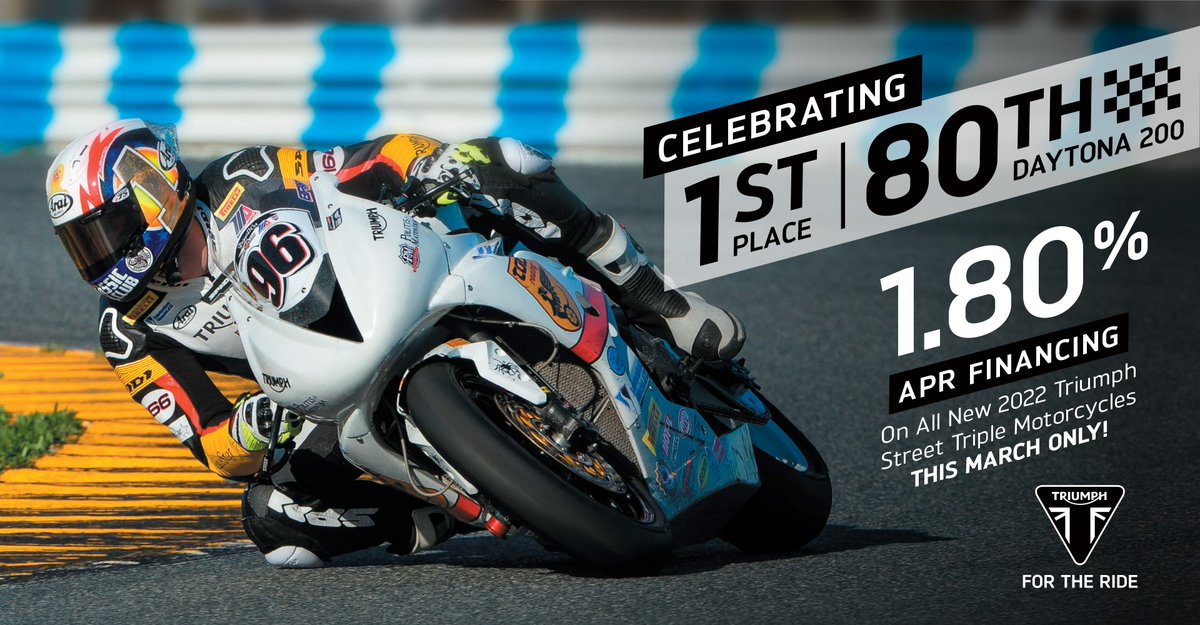 Cyclewise's tweet image. To celebrate the thrilling 1st place win in the 80th Daytona 200, FreedomRoad Financial is offering 1.80% financing for up to 60 months on all new 2022 Street Triple models through the end of March. #daytona200 #triumphstreettriple #daytona200winner