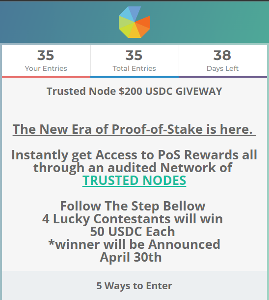 Follow @TrustedNode, the Number One #ProofofStake Platform! and have a chance to win $200 USDC!! 
🤩🚀
$ATOM $DOT $IRIS $XPRT $LUNA #NFT #Fintech #Yieldfarm

join now🤩👇
gleam.io/eHomJ/trusted-…
