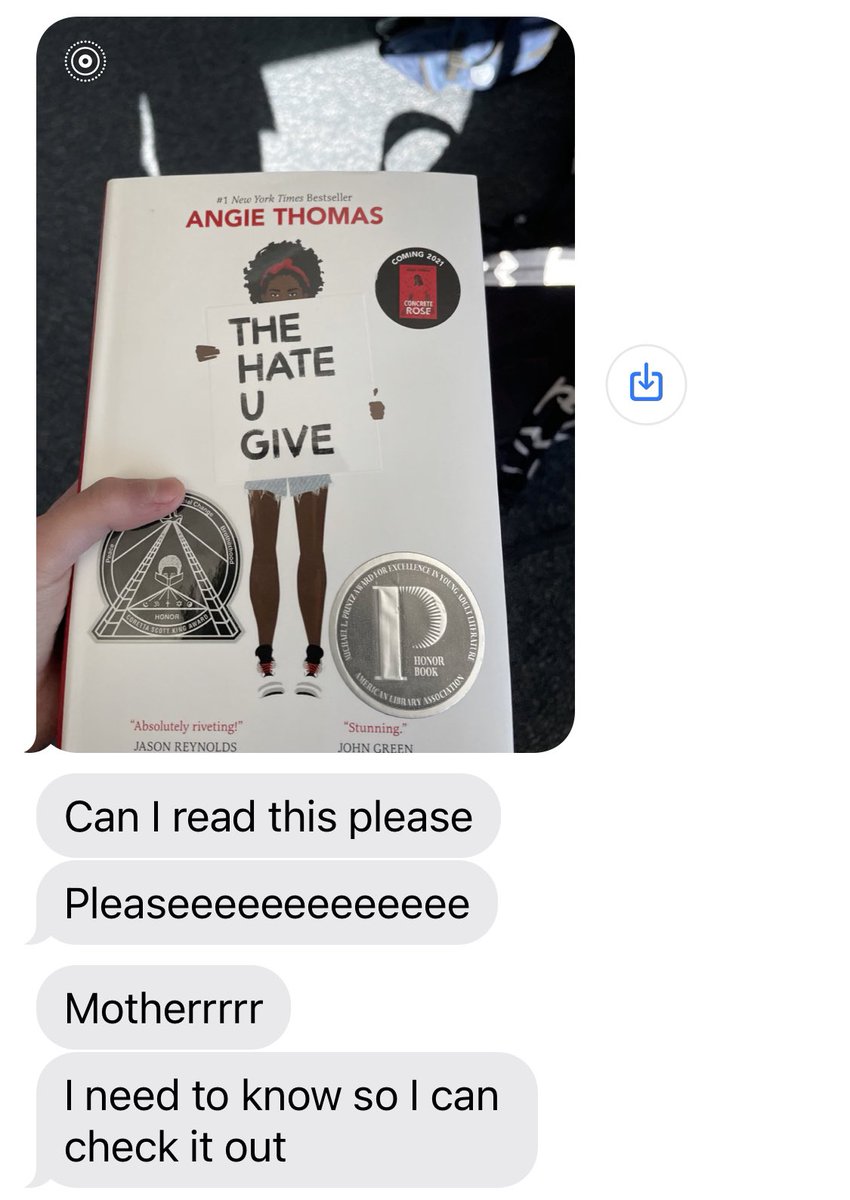 So thrilled that my teen daughter wants to read THE HATE U GIVE. 

So NOT thrilled that she had to text me to ask permission to check it out from the school library. 

#FReadom https://t.co/oHiHpkilUu