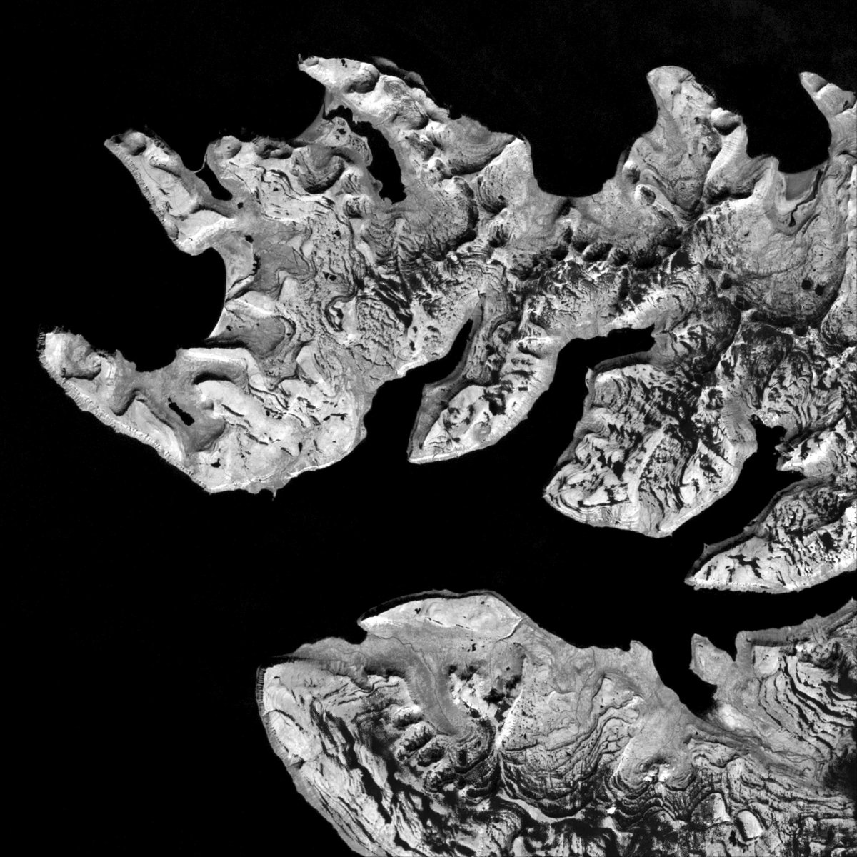 eliotsico's tweet photo. Short Wave Infrared 2 (SWIR2) pixel composite of Iceland.

Landsat SWIR2 band makes water (and ice) appear in dark shades as it absorbs nearly all infrared light. Consequently, perennial ice patches on the north side of mountain ranges add shadows and textures to the image. https://t.co/k97rkaEwcV