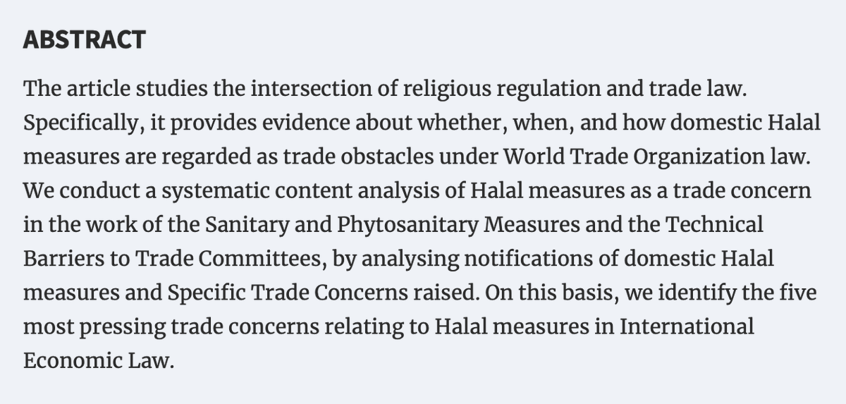JIEL_OUP's tweet photo. @evajohan_law and @HannaSchebesta (@WUR) consider the interaction between religious regulation and #WTO law. They investigate whether domestic #Halal regulations constitute obstacles to trade based on #SPS and #TBT committee documentation, #openaccess https://t.co/H0FEDCWgDD https://t.co/yUXuV4AZhr