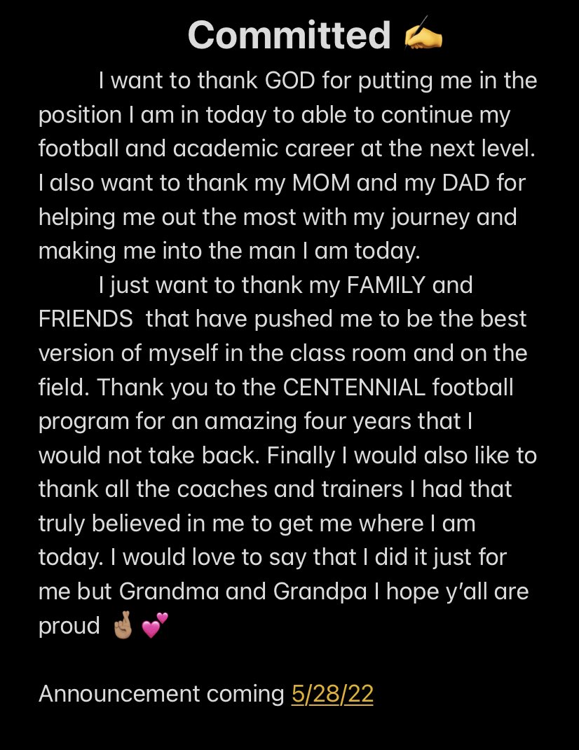 It’s official ✍️ thank you an amazing 4 years 🙏🏽 <a href="/Cehsfootball/">Centennial Coyotes Football</a> <a href="/CoachComes/">Coach Comes</a> <a href="/CoachComes/">Coach Comes</a> <a href="/CoachTaylorCeHS/">Richard Taylor CeHS</a>