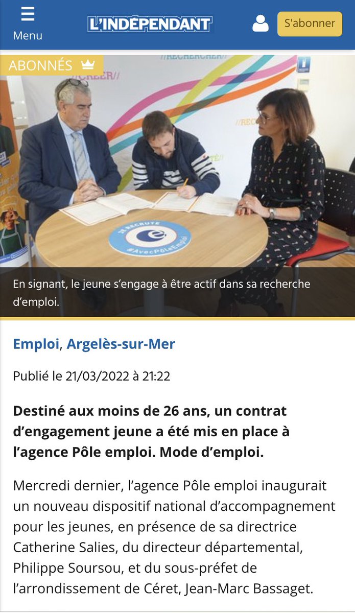 christophe_pe's tweet photo. Pôle emploi #argeles lancement du CEJ. Merci #independant pour leur article lors de la signature d’un CEJ sous les regards du sous préfet Jean-Marc Bassaget et de Catherine Salies directrice du pôle emploi #argeles. https://t.co/z2mMJZNnaI