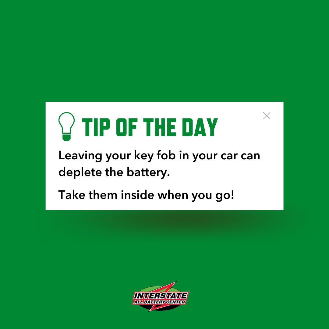 InterstateWDM's tweet image. Convenience is KEY, but leaving your key fob in your vehicle may not be the best option. Dead fob battery? Head to your local Interstate All Battery Center for a new battery and installation today!🔑

#InterstateTips #FunFact #InterstateAllBatteryCenter