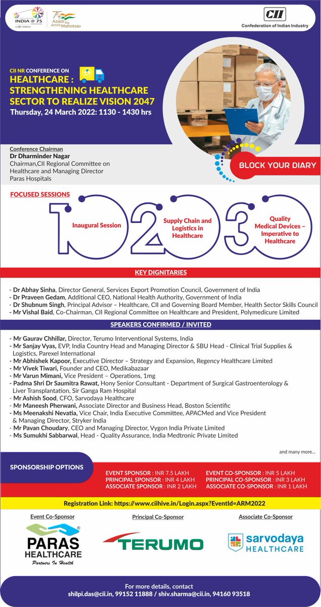 CII Conference on Healthcare: Strengthening Healthcare Sector to Realize Vision2047 on Thursday, 𝟐𝟒 𝐌𝐚𝐫𝐜𝐡 𝟐𝟎𝟐𝟐 at 11:30AM – 2:30PM through Virtual Platform.
Register Now: cii.in/arm
#Health #medicaldevices #ciinrarm #CII4NR
 <a href="/CIIEvents/">CII Live</a>
 <a href="/Indiaat75/">Indiaat100 (A CII Initiative)</a>
