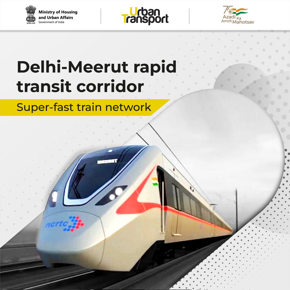 ut_MoHUA's tweet photo. In a mega push to #AtmaNirbharBharat, India's first rapid rail Delhi-Meerut Rapid Transit Corridor will be functional by March 2023. The first in the nation to have a business coach on a regional corridor, will cover the distance of 82km in just 55 minutes. https://t.co/bl59OTDGgK