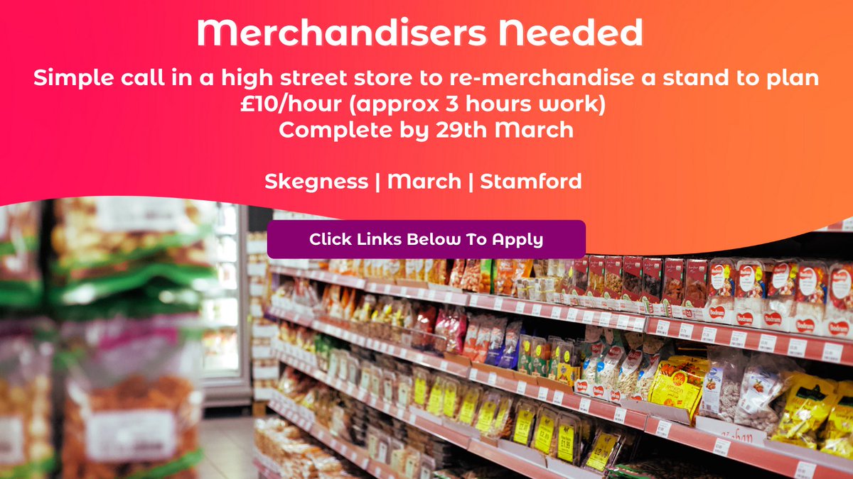 #Merchandising jobs available NOW! 

Links in thread below for Skegness, March &amp; Stamford. 

Or sign up here to see work near you 👉 bit.ly/3D7C7i0

#Recruiting #jobsearch #temporaryjobs