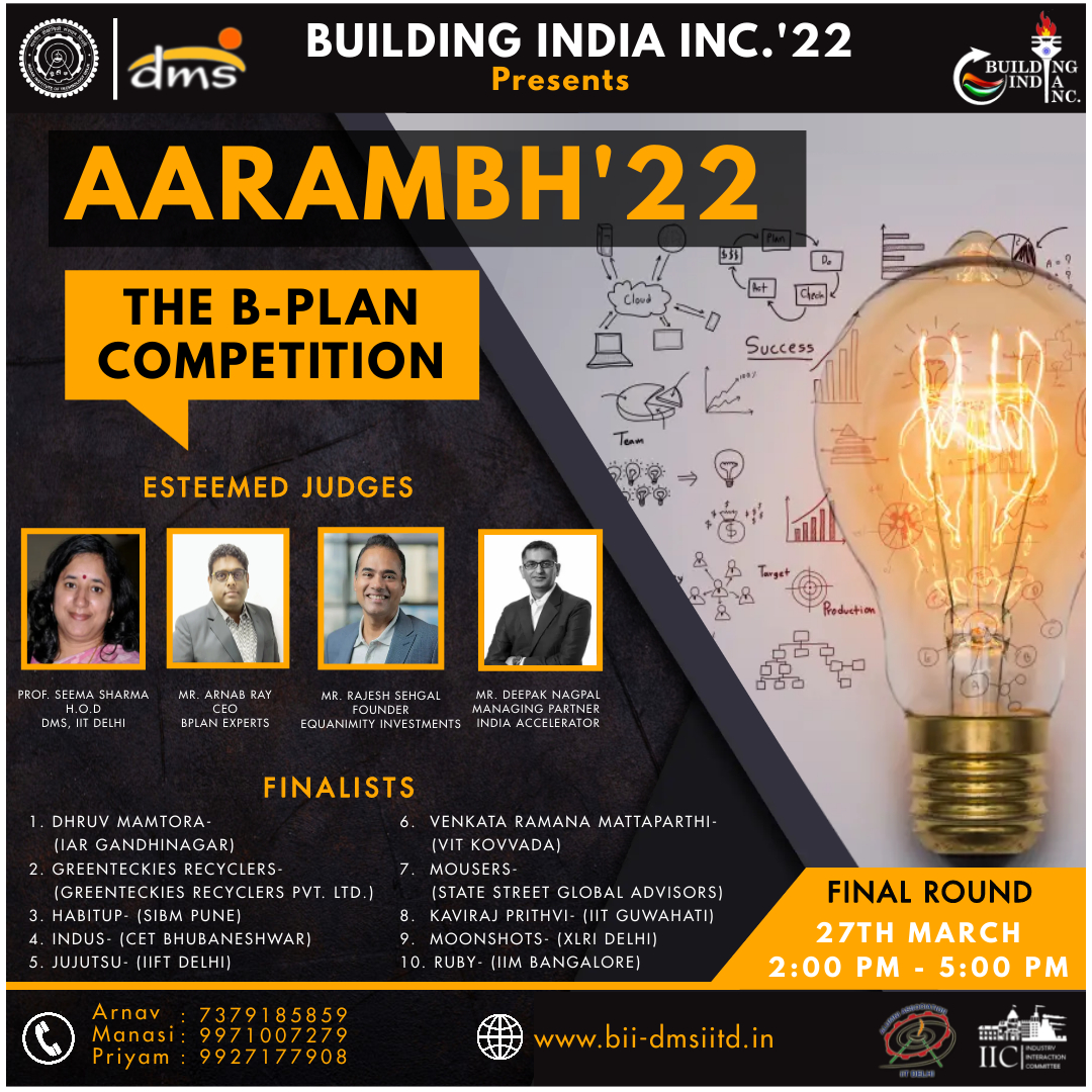 IIC_DMS_IITD's tweet photo. After fierce competition in the earlier rounds of Aarambh, we are pleased to announce the finalists of the event.
The top 10 finalists of Aarambh will be pitching their ideas in front of our judges to win attractive cash prizes.
#dmsiitd #iitdelhi #whereDreaMScometrue #bschool https://t.co/8j5Ab76t5c