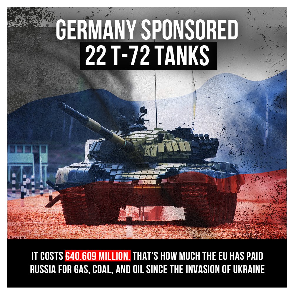 StratcomCentre's tweet photo. Every purchase of gas, oil, or coal from #Russia sponsors its bloody war against #Ukraine. Every euro Russia earns is immediately spent on new bombs, tanks, or missiles that kill Ukrainian civilians. 
Stop #bloodytrade. #StopRussia https://t.co/gnAtnXPUKt
