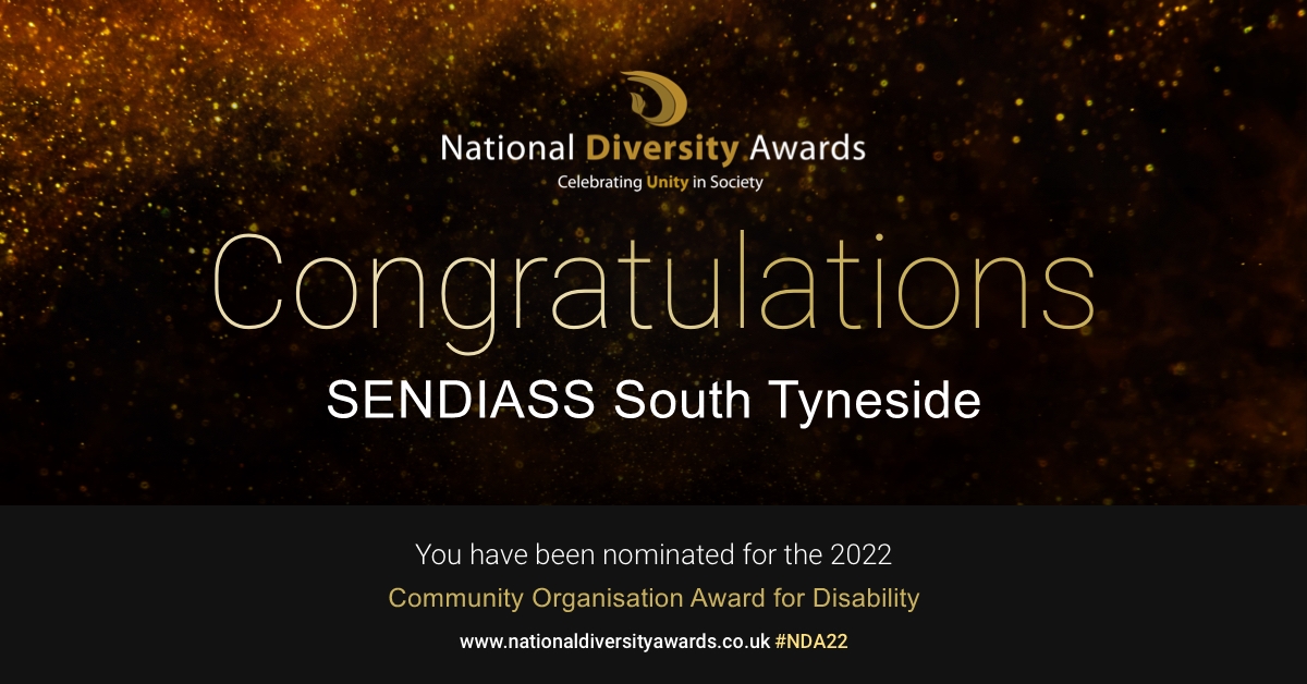 Congratulations to SENDIASS South Tyneside @STSENDIASS who has been nominated for the Community Organisation Award: Disability at The National Diversity Awards 2022 in association with <a href="/itvnews/">ITV News</a>. To vote please visit nationaldiversityawards.co.uk/awards-2022/no… #NDA22