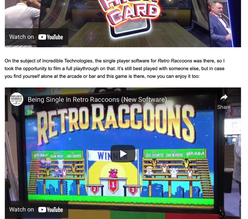 A special thanks to <a href="/arcadeheroes/">Arcade Heroes - The Saviors of Coin-op Newsblog</a> for the coverage on the Retro Raccoons #arcade at the <a href="/AmusementExpo/">Amusement Expo</a> in #lasvegas. Very happy bars, arcades and tradeshows are returning. #indiegamedev arcadeheroes.com/2022/03/19/amu…