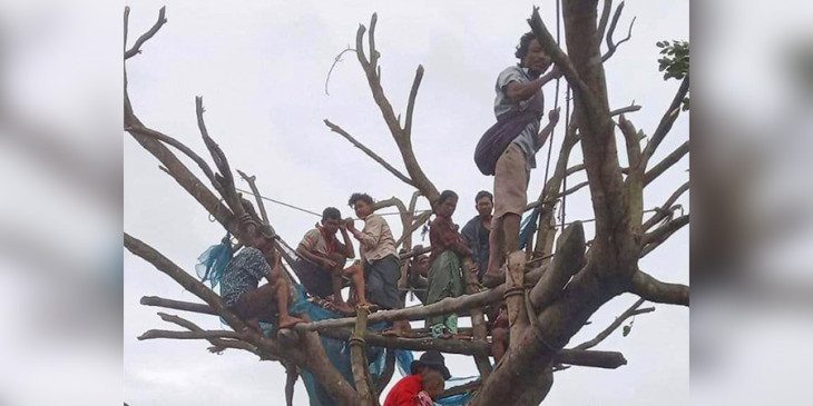 DVB_English's tweet photo. AYEYARWADY —A cyclone which hit the Ayeyarwady delta region yesterday has forced roughly 2,000 people to flee villages in Labutta township. Local people said that the families of fishermen unable to reach cyclone shelters had established temporary shelters in tree canopies. /1 https://t.co/KyFzv5dbf1