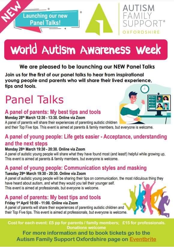 ❤ 𝗪𝗼𝗿𝗹𝗱 𝗔𝘂𝘁𝗶𝘀𝗺 𝗔𝘄𝗮𝗿𝗲𝗻𝗲𝘀𝘀 𝗪𝗲𝗲𝗸 ❤
We are launching our *NEW* discussion panels.
Panels will be sharing tips and tools from their lived experiences
Sessions are for parents, family and professionals
To book places please go to:
eventbrite.co.uk/o/autism-famil…