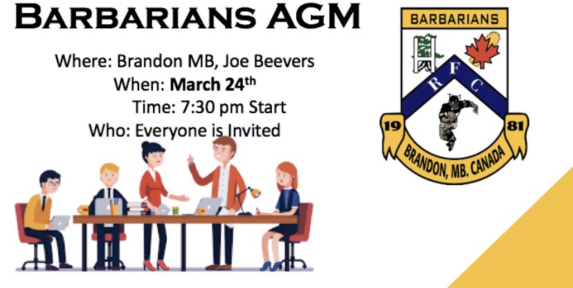 REMINDER: The Brandon Barbarians AGM is tomorrow @7:30pm located at Joe Beevers! Everyone is welcome to attend!!