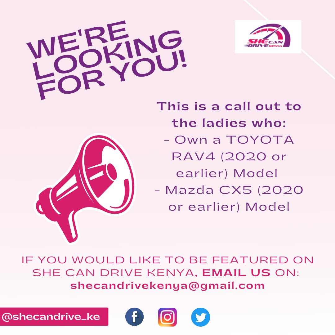 SheCanDrive_KE's tweet photo. She Can Drive Kenya is looking to feature ladies who drive the mentioned cars below. Is this YOU? Reach out to us today! 💜 #CX5Kenya #TeamMazdaKenya #MazdaKenya #TeamToyotaKenya #ToyotaKenya #ToyotaGAZOORacing #WorkWithUs https://t.co/qGDVn88dyg