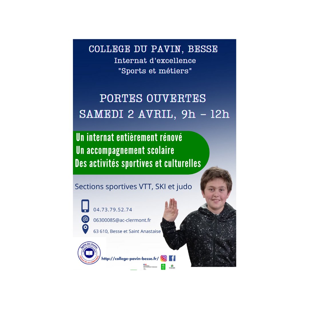 CollegePavin's tweet photo. Journée Portes ouvertes au collège du Pavin Besse le samedi 2 avril, 9h 12h. Nuit de l'internat le 12avril. https://t.co/laKJlVpjUu