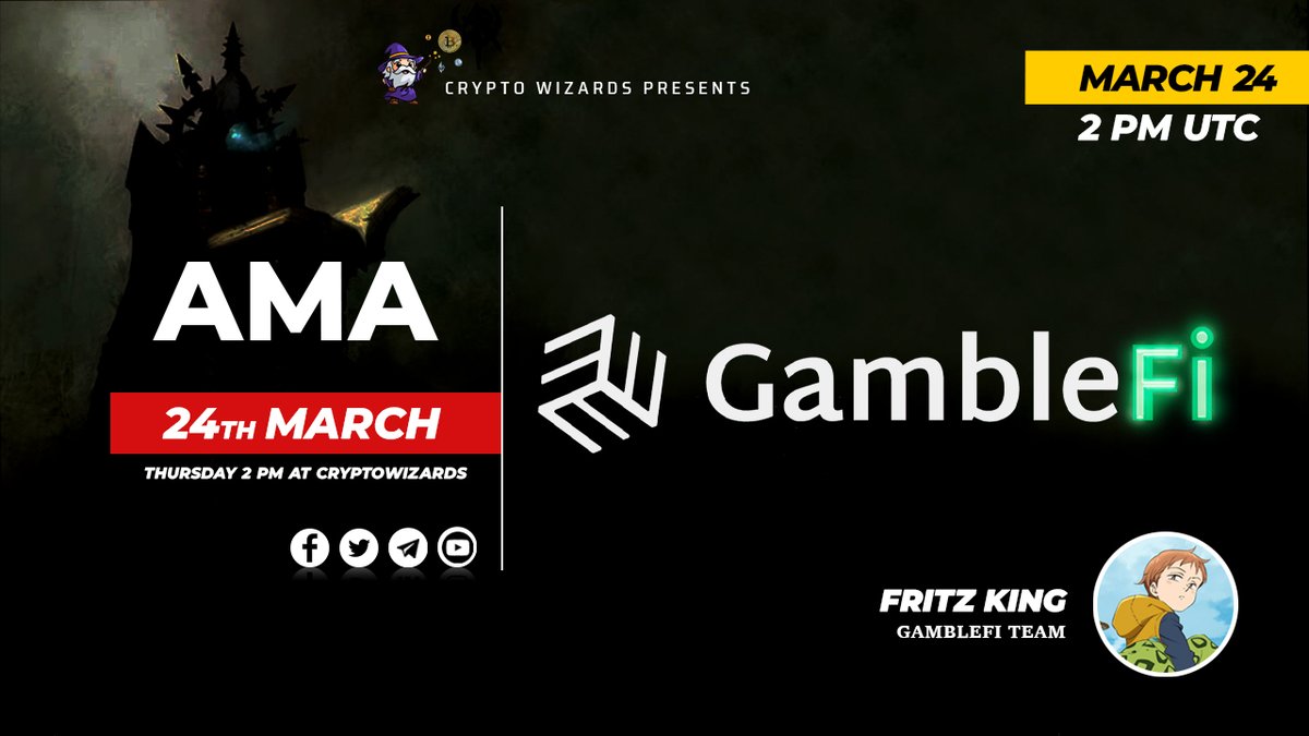 Crypto Wizards (@wizards_crypto) on Twitter photo #AMA With GambleFi DAO
on March 24th 2022 @ 2:00 PM UTC
VENUE: t.me/CryptoWizardsC…
………
1. Follow :
<a href="/wizards_crypto/">Crypto Wizards</a>
<a href="/GambleFinance/">CronoSports 🎲</a>
2. Like & Retweet
3. Comment your questions
Check Telegram announcement for further rules and attend the AMA for rewards #AMA With GambleFi DAO
on March 24th 2022 @ 2:00 PM UTC
VENUE: t.me/CryptoWizardsC…
………
1. Follow :
<a href="/wizards_crypto/">Crypto Wizards</a>
<a href="/GambleFinance/">CronoSports 🎲</a>
2. Like & Retweet
3. Comment your questions
Check Telegram announcement for further rules and attend the AMA for rewards