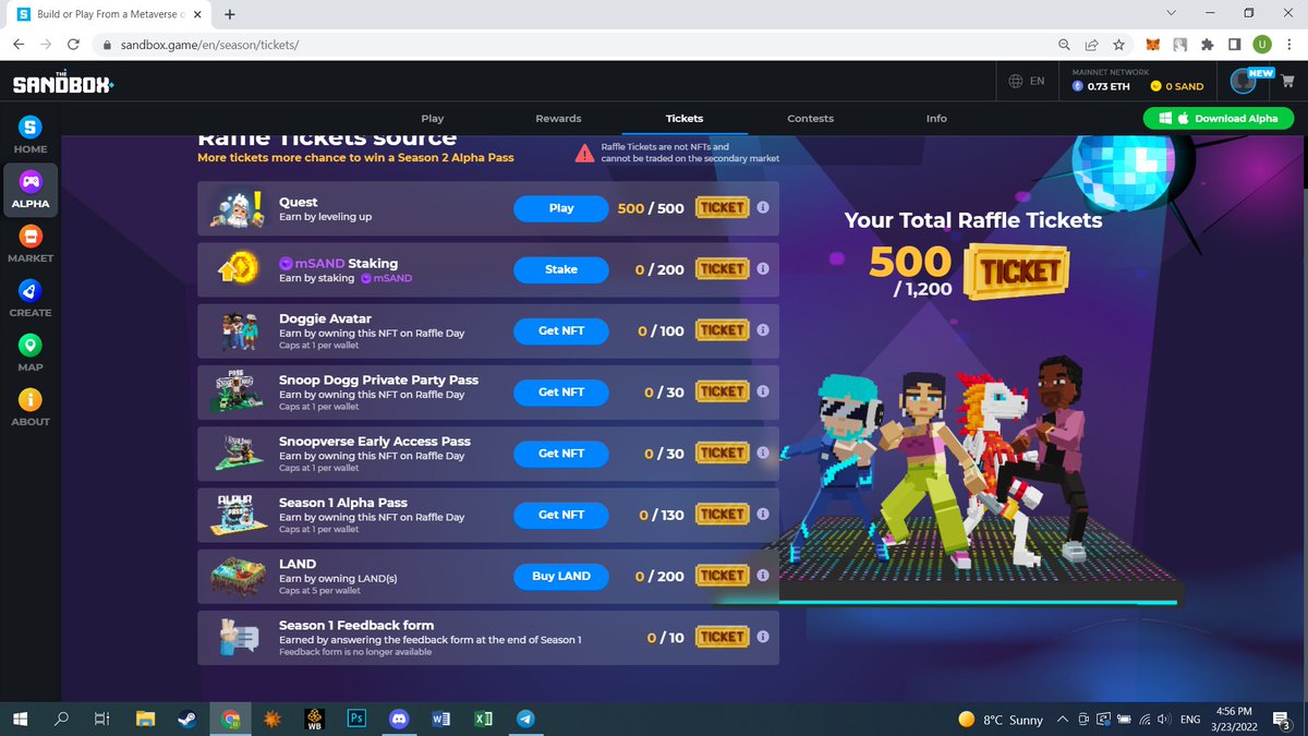 weidus22's tweet photo. @TheSandboxGame I just participated in the daily #SandboxAlphaS2Contest for a chance to earn up to 1,000 $SAND! Starting March 22 - Ticket Day. Check out my screenshot below!
👇 #SandboxAlphaS2 https://t.co/6Qujh6GBqk